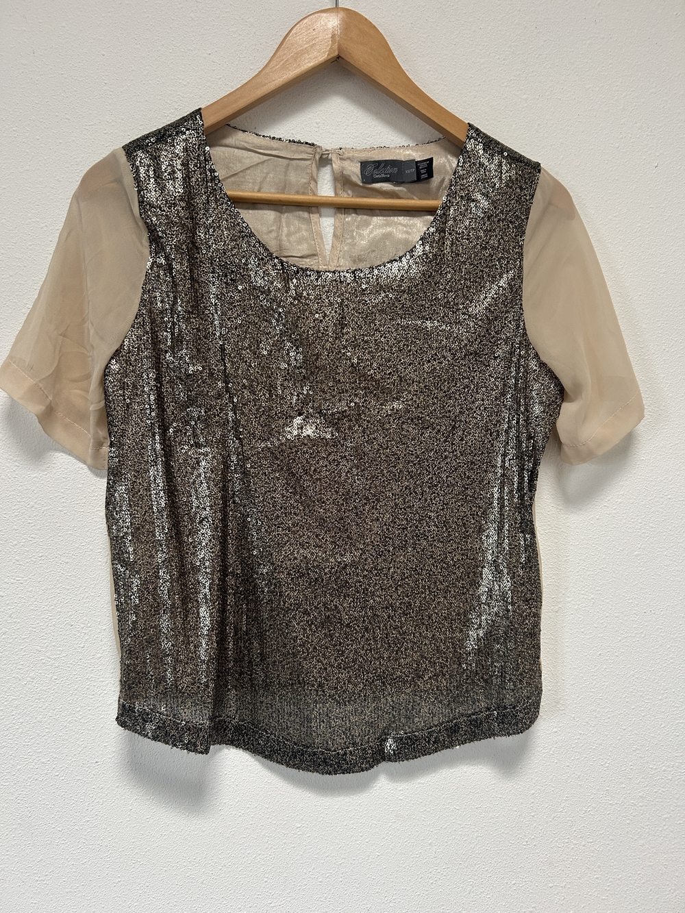 Costa Blanca Gold Sequin Top with Sheer Cream Sleeves